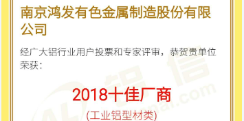 恭喜鴻發(fā)有色榮獲2018鋁行業(yè)十佳廠商！